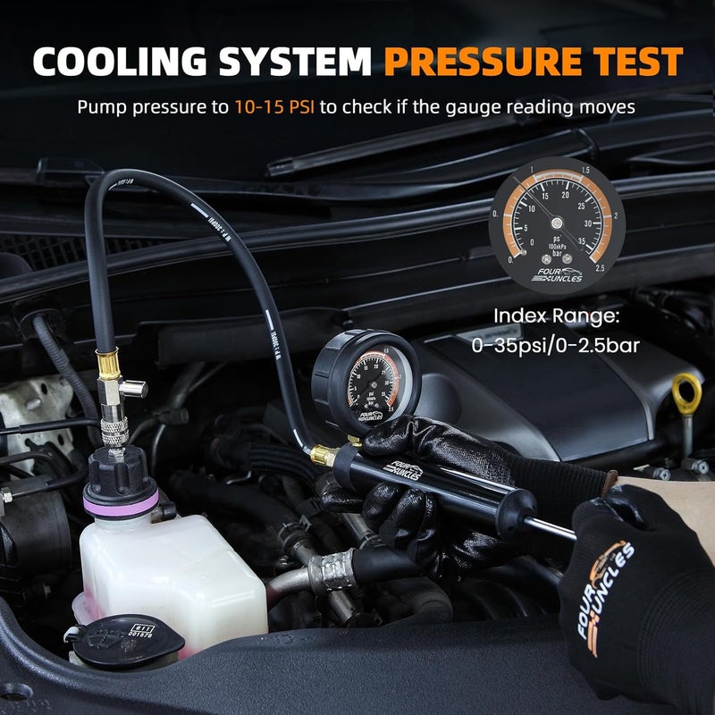 FOUR UNCLES Radiator & Coolant Pressure Tester and Vacuum Refill Kit - 28-Piece Universal Cooling System Leak Tester and Refiller for Cars Motorcycles Trucks (Black) - Image 4